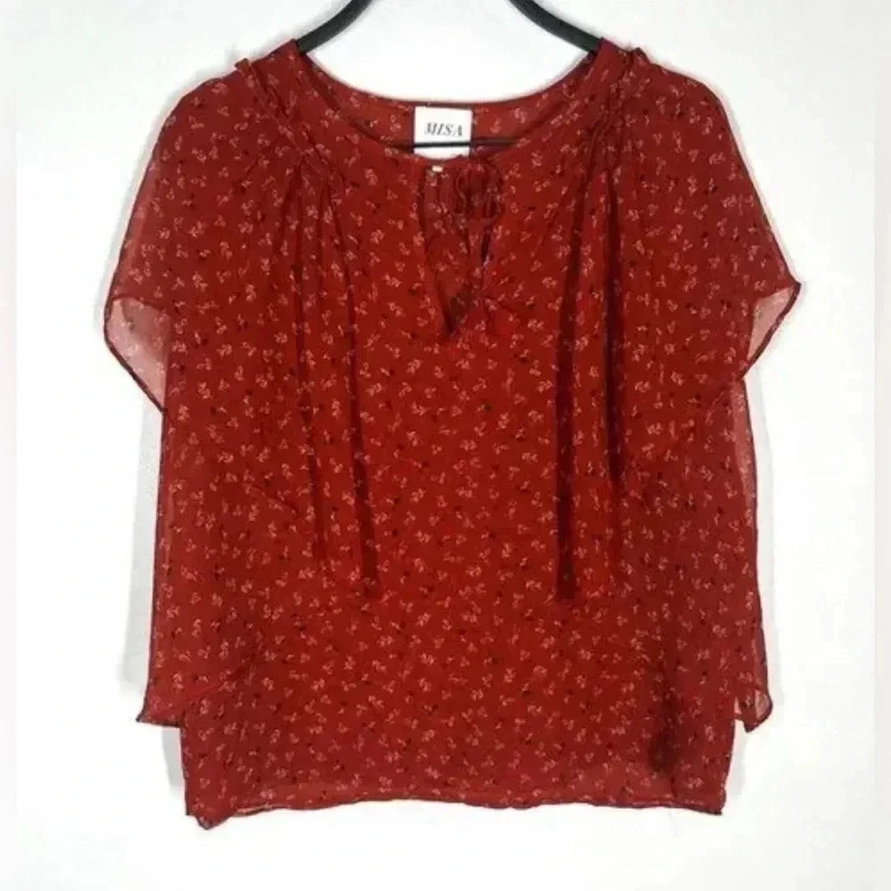 MISA LOS ANGELES Red Floral Flutter Sleeve Tie Neck Blouse / Size Medium /